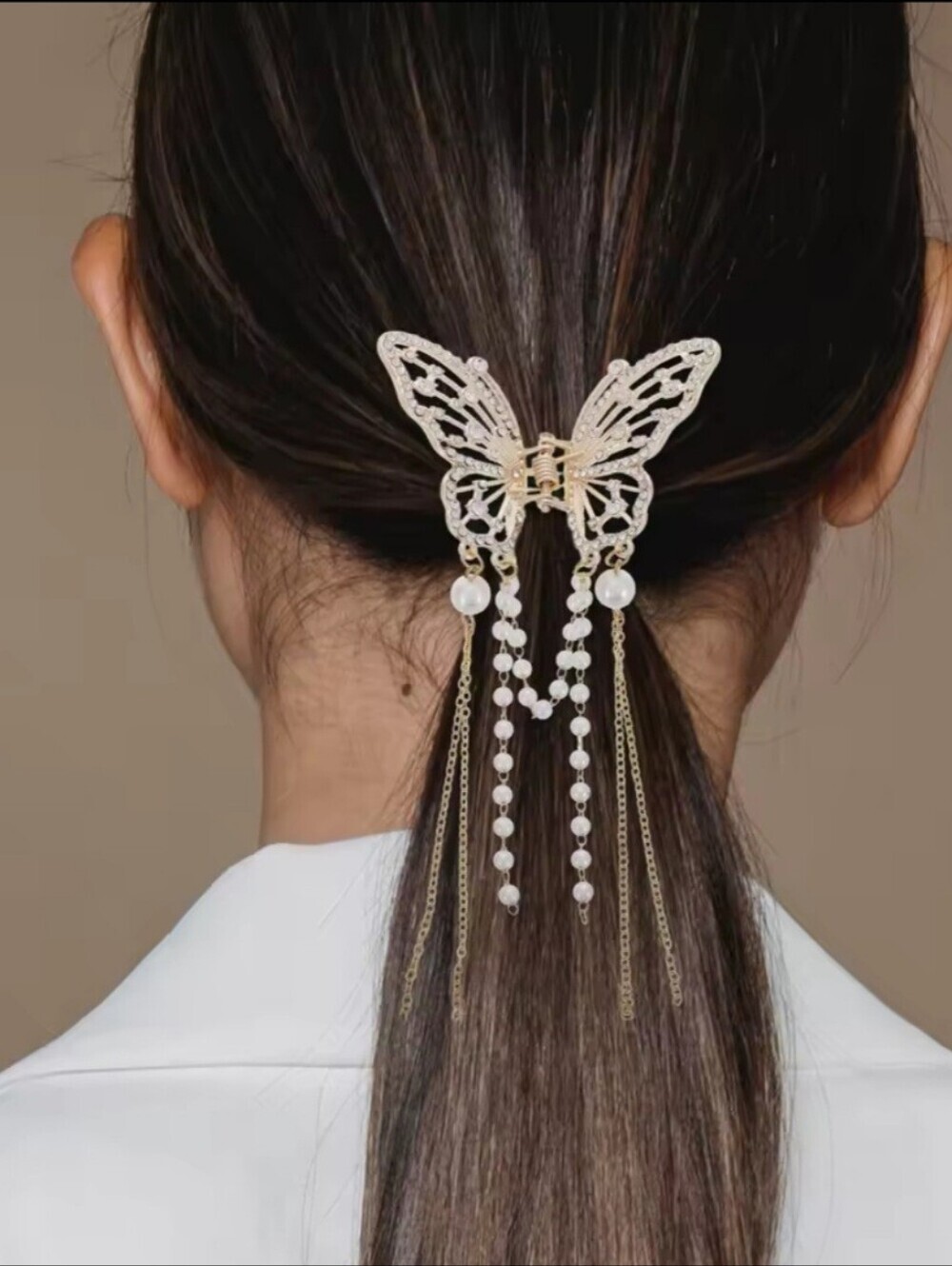Brand New Gold Tone Butterfly Rhinestone Pearl Dangle Hair Claw Clip